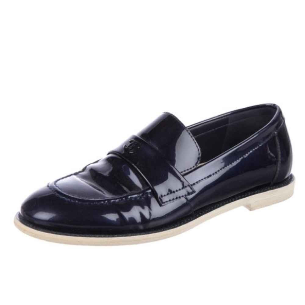 Chanel Patent Navy Blue Loafers Size 35